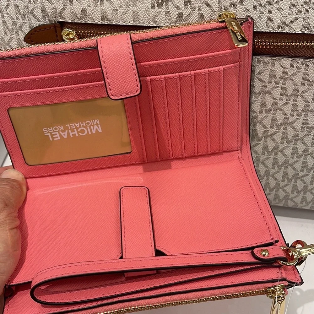 MICHAEL KORS LARGE DOUBLE ZIP WRISTLET WALLET PHONE CASE CLUTCH Tea Rose NWT